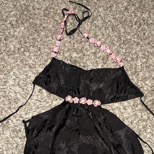For Love and Lemons Feminine Black Slip with Pink Floral Trim